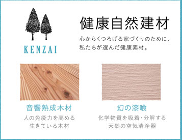健康自然建材／心からくつろげる家づくりのために、私たちが選んだ健康素材。／音響熟成木材・幻の漆喰